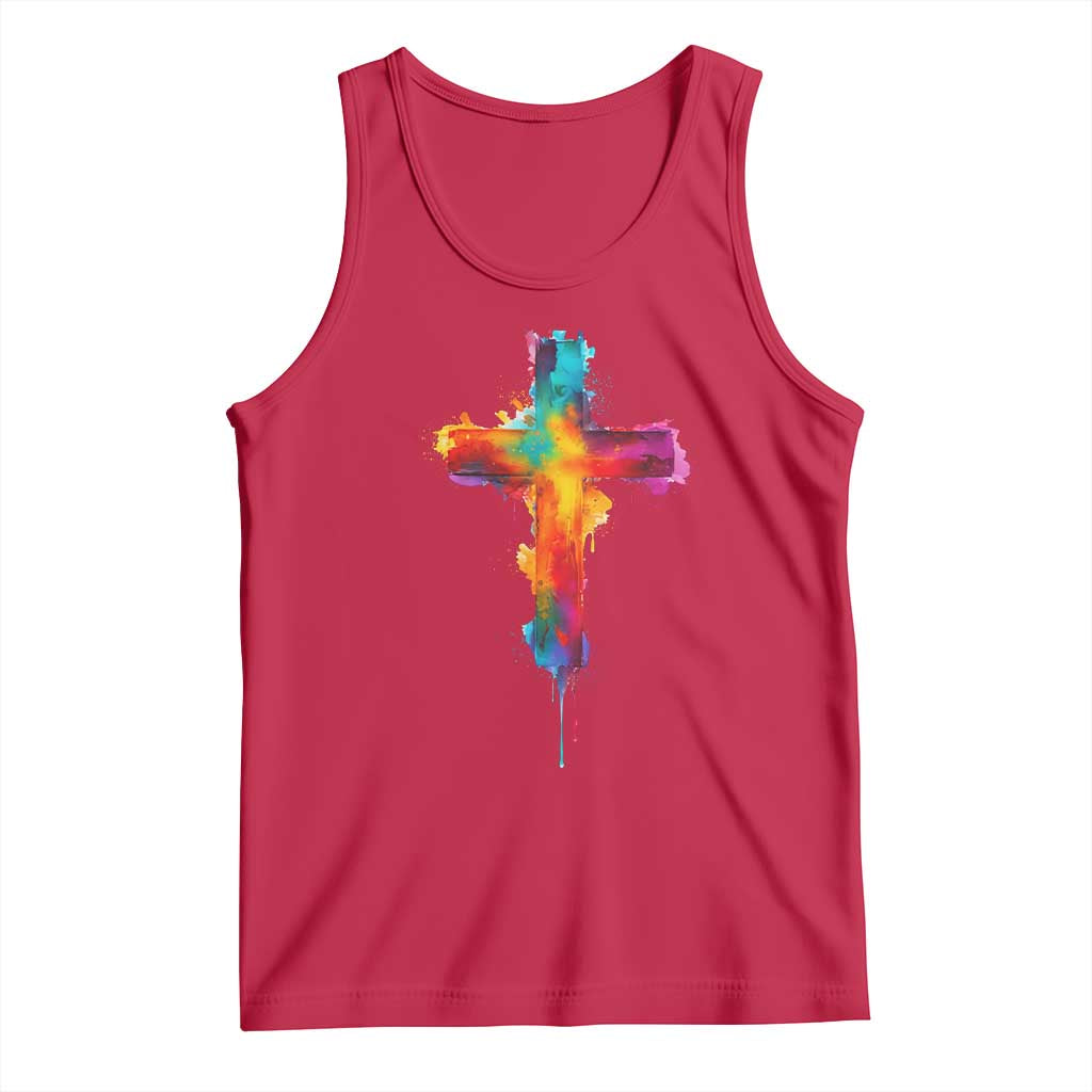 Faith Cross Tank Top Christian Believe Blessed By God Colorful Watercolor Graphic
