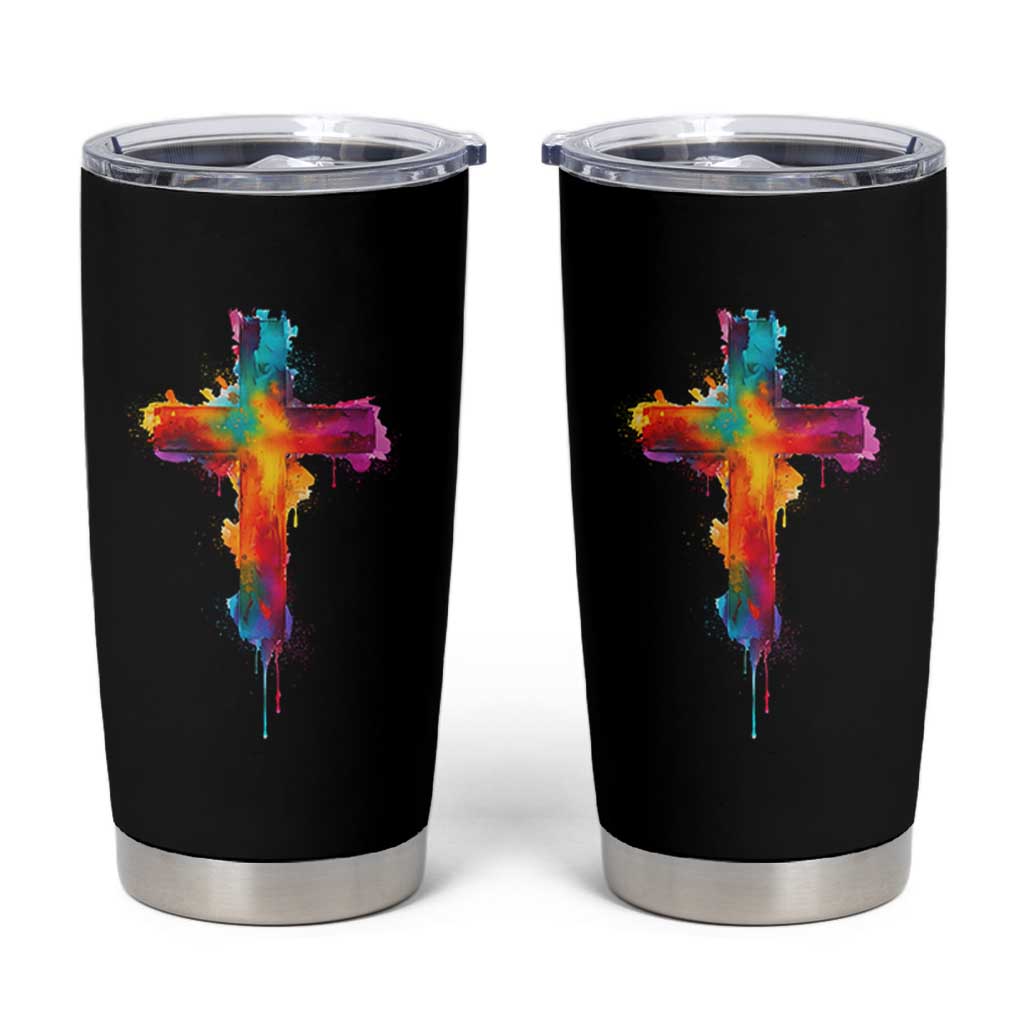 Faith Cross Tumbler Cup Christian Believe Blessed By God Colorful Watercolor Graphic
