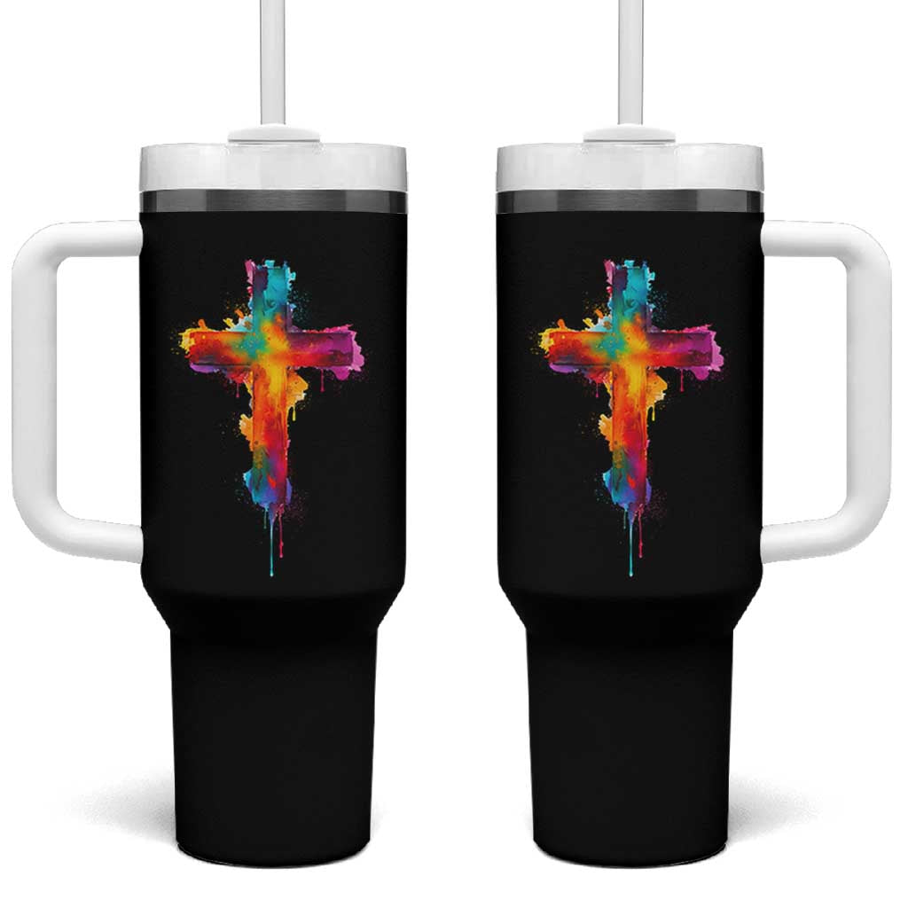 Faith Cross Tumbler With Handle Christian Believe Blessed By God Colorful Watercolor Graphic