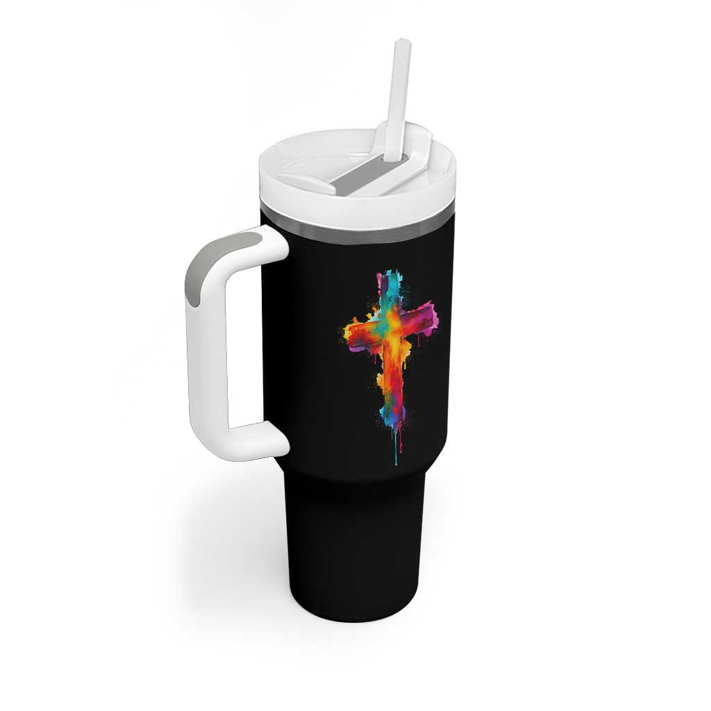 Faith Cross Tumbler With Handle Christian Believe Blessed By God Colorful Watercolor Graphic