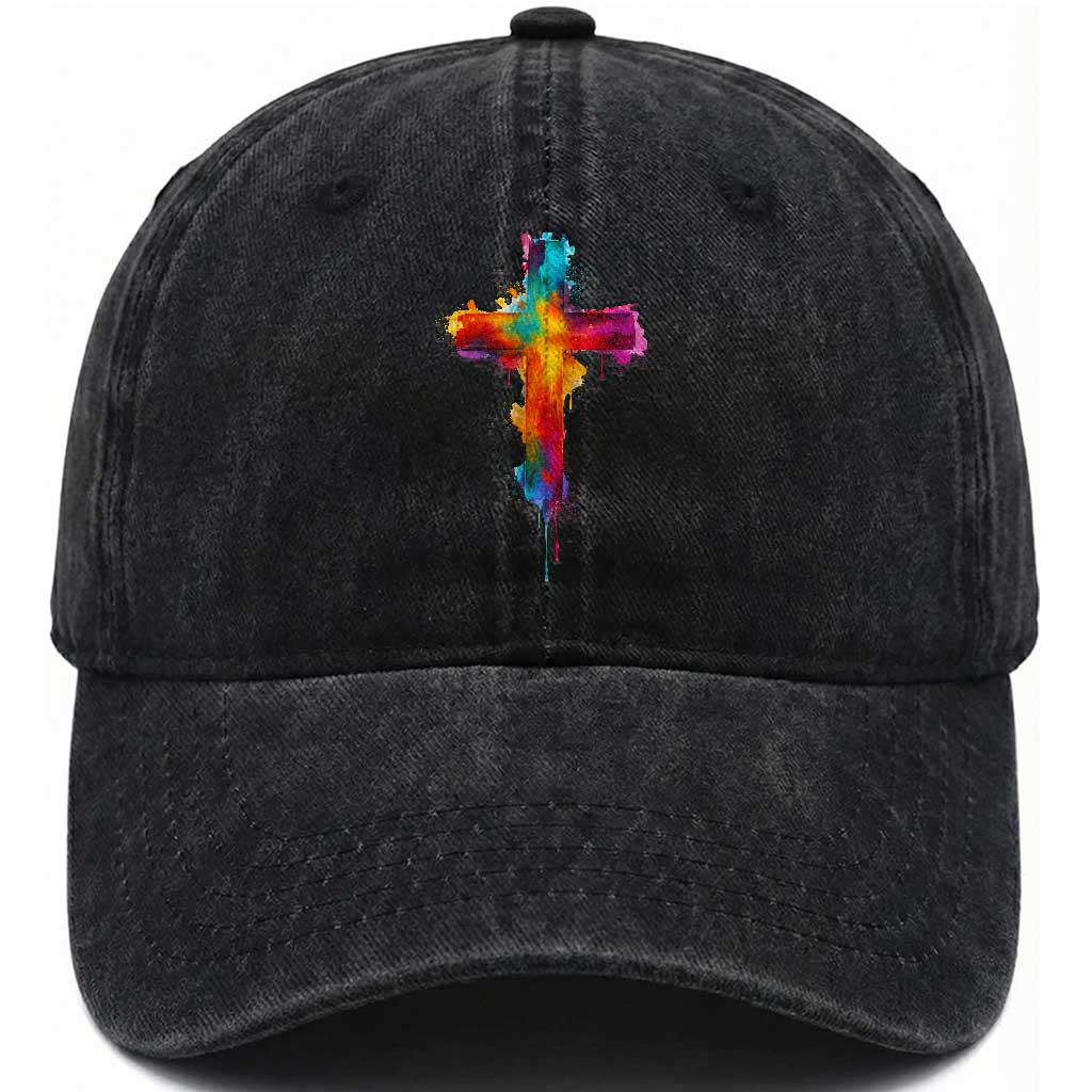 Faith Cross Washed Cotton Baseball Cap Christian Believe Blessed By God Colorful Watercolor Graphic