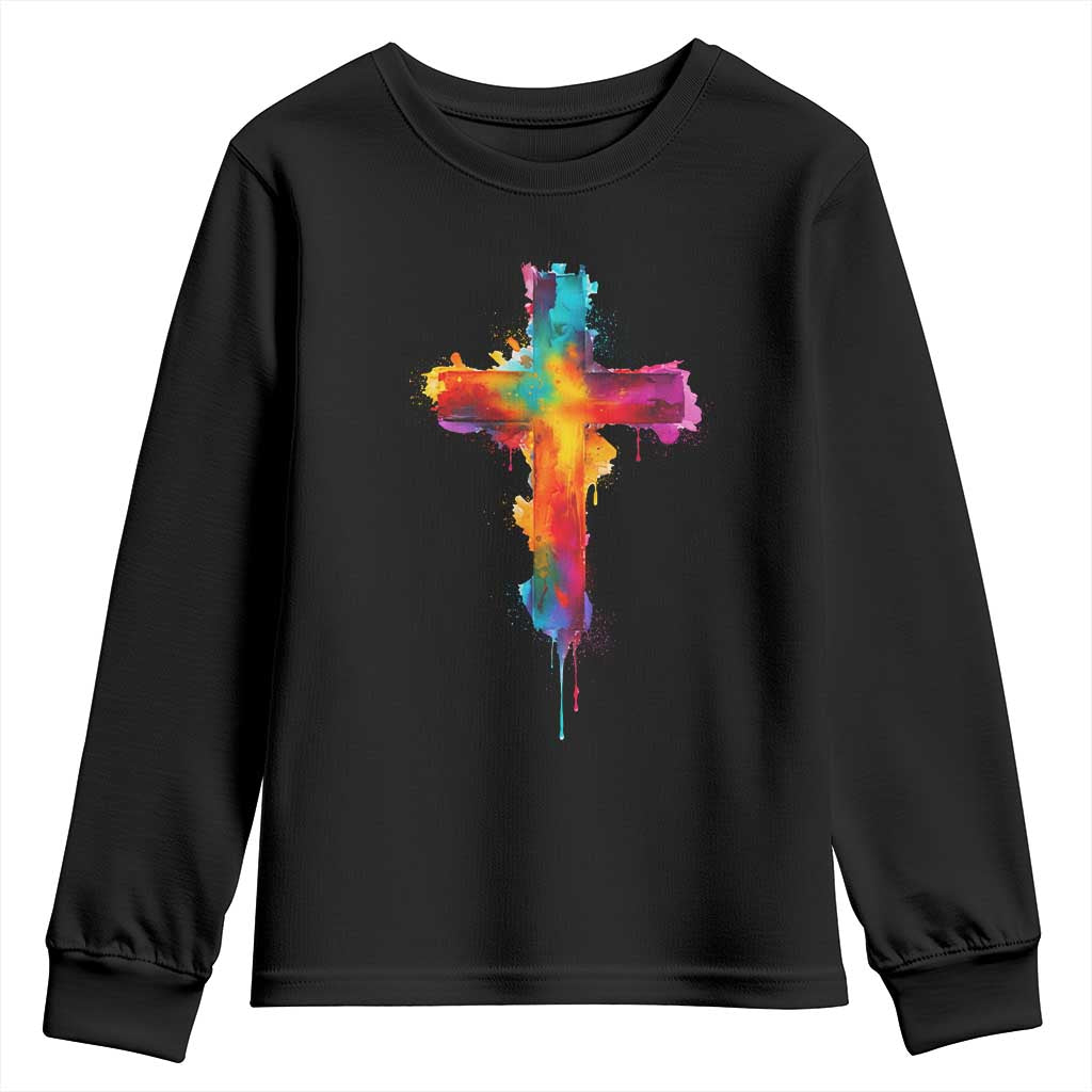 Faith Cross Youth Sweatshirt Christian Believe Blessed By God Colorful Watercolor Graphic