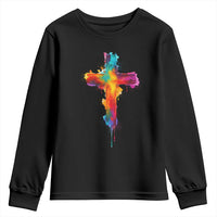 Faith Cross Youth Sweatshirt Christian Believe Blessed By God Colorful Watercolor Graphic
