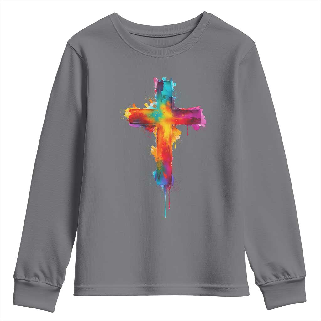 Faith Cross Youth Sweatshirt Christian Believe Blessed By God Colorful Watercolor Graphic