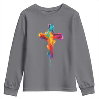 Faith Cross Youth Sweatshirt Christian Believe Blessed By God Colorful Watercolor Graphic