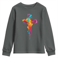 Faith Cross Youth Sweatshirt Christian Believe Blessed By God Colorful Watercolor Graphic