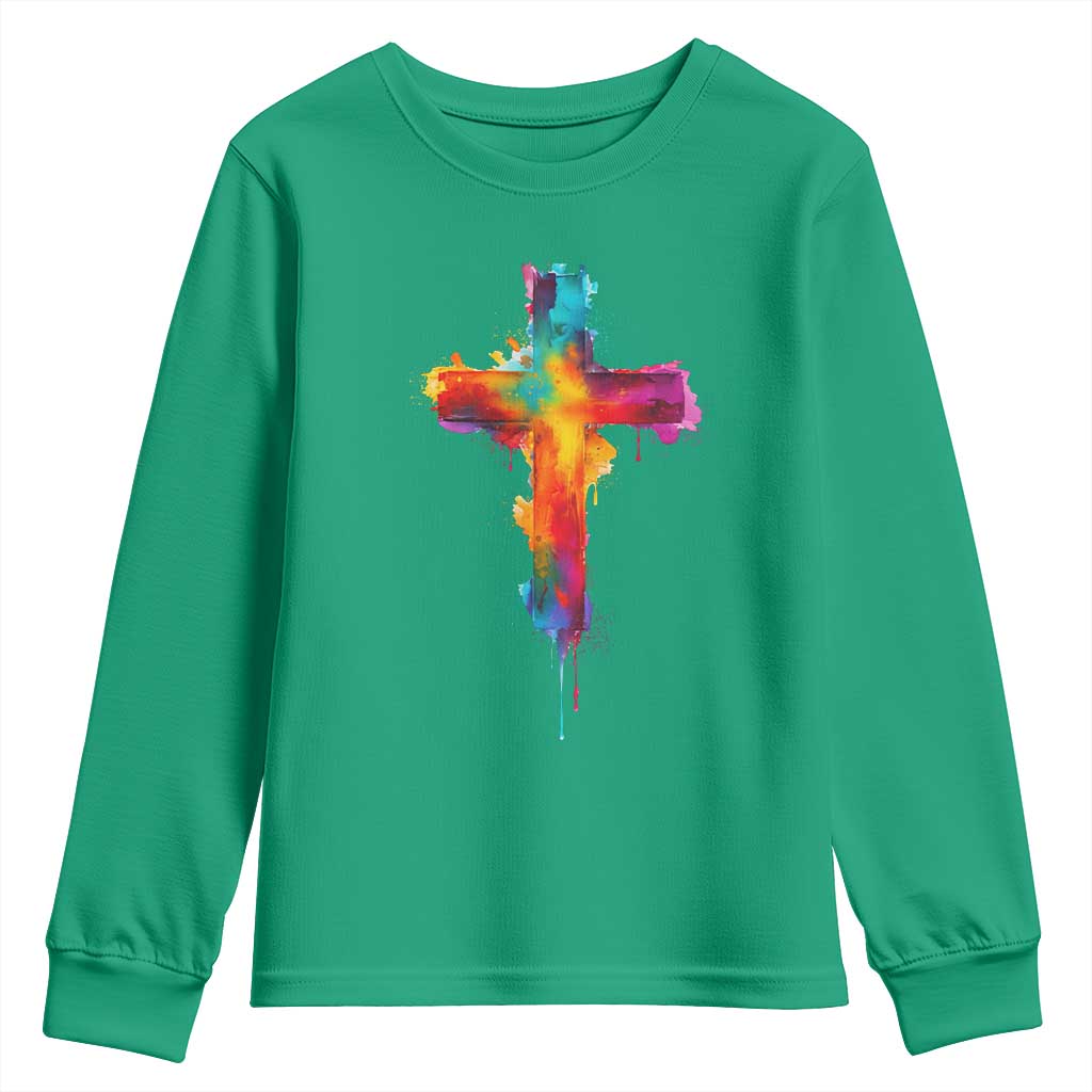 Faith Cross Youth Sweatshirt Christian Believe Blessed By God Colorful Watercolor Graphic