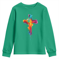 Faith Cross Youth Sweatshirt Christian Believe Blessed By God Colorful Watercolor Graphic