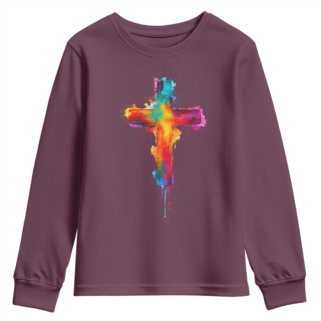 Faith Cross Youth Sweatshirt Christian Believe Blessed By God Colorful Watercolor Graphic