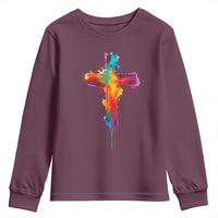 Faith Cross Youth Sweatshirt Christian Believe Blessed By God Colorful Watercolor Graphic