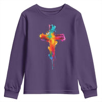 Faith Cross Youth Sweatshirt Christian Believe Blessed By God Colorful Watercolor Graphic