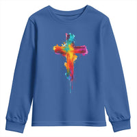 Faith Cross Youth Sweatshirt Christian Believe Blessed By God Colorful Watercolor Graphic