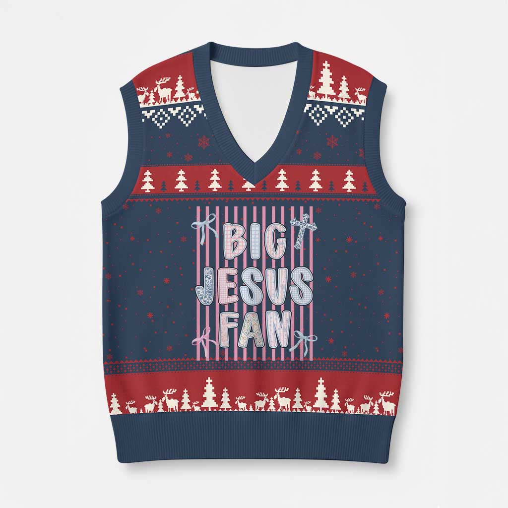 Big Jesus Fan V-Neck Knit Sweater Vest Striped Preppy Christian Believer Faith God Religious Gifts