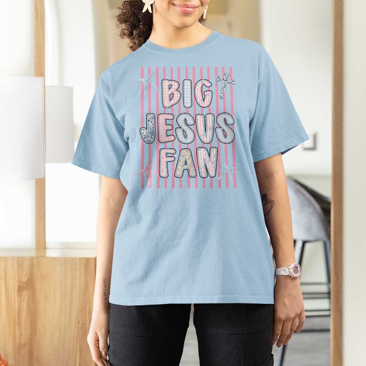 Big Jesus Fan T Shirt For Women Striped Preppy Christian Believer Faith God Religious Gifts