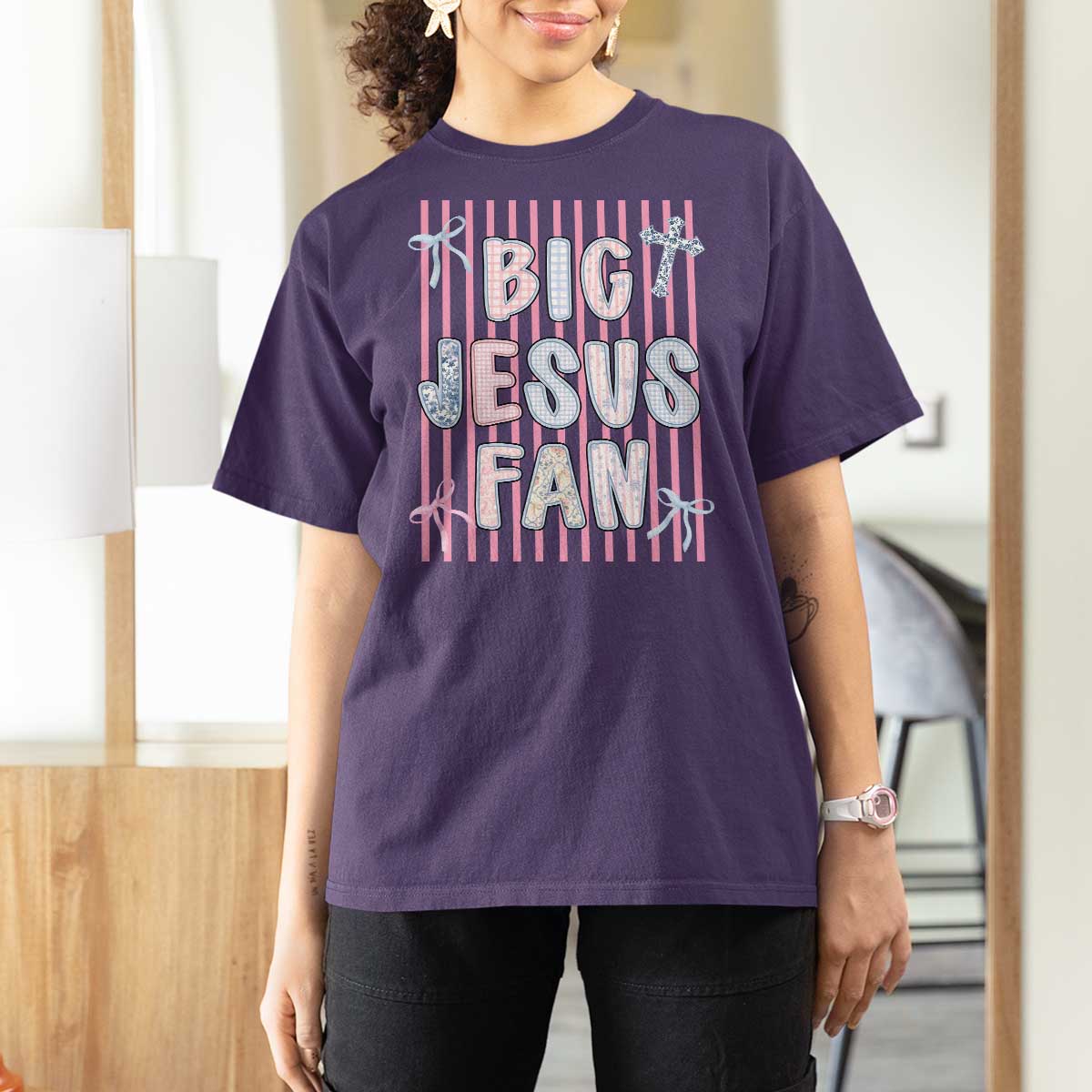 Big Jesus Fan T Shirt For Women Striped Preppy Christian Believer Faith God Religious Gifts