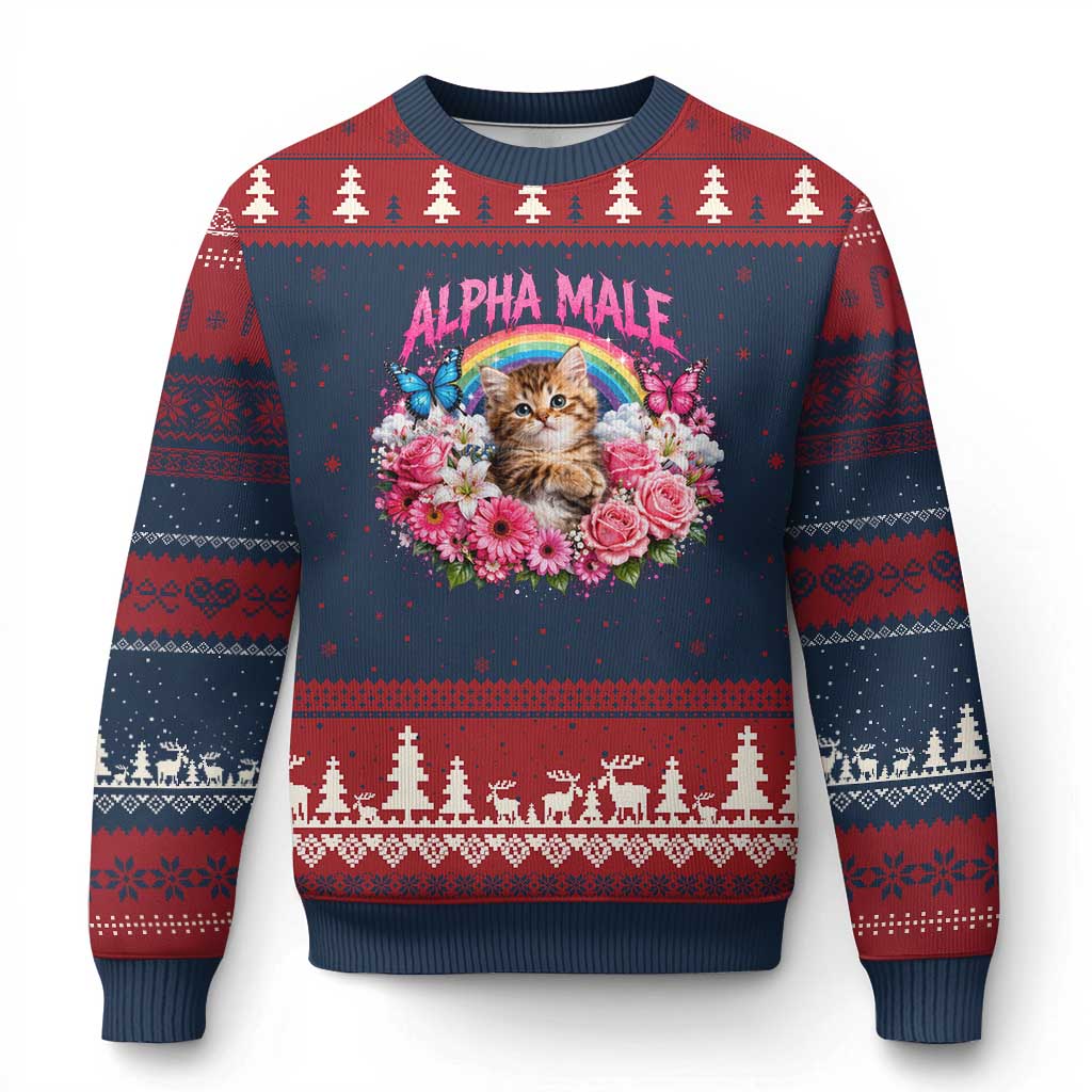 Alpha Male Ugly Christmas Sweater Funny Cat Kitten Meme Rainbow Floral