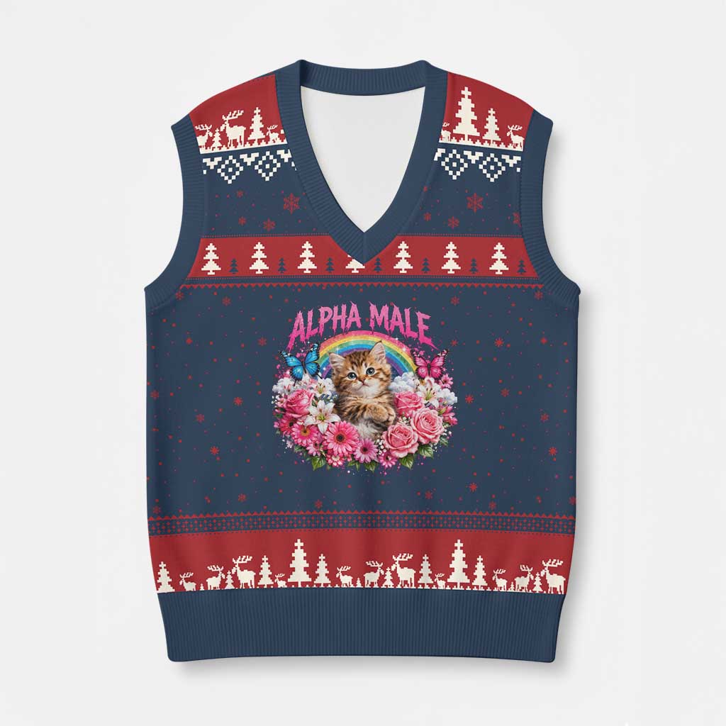 Alpha Male V-Neck Knit Sweater Vest Funny Cat Kitten Meme Rainbow Floral