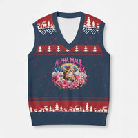 Alpha Male V-Neck Knit Sweater Vest Funny Cat Kitten Meme Rainbow Floral