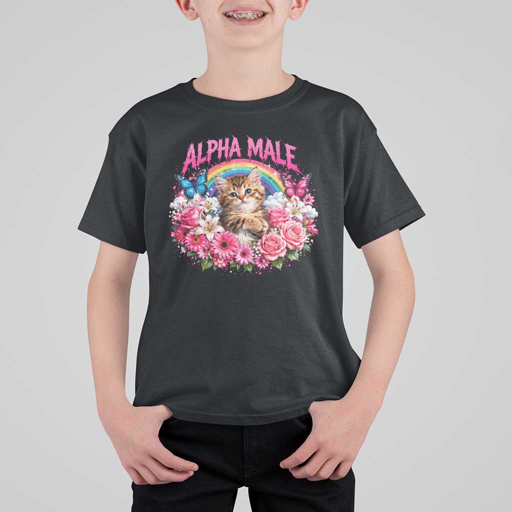 Alpha Male T Shirt For Kid Funny Cat Kitten Meme Rainbow Floral