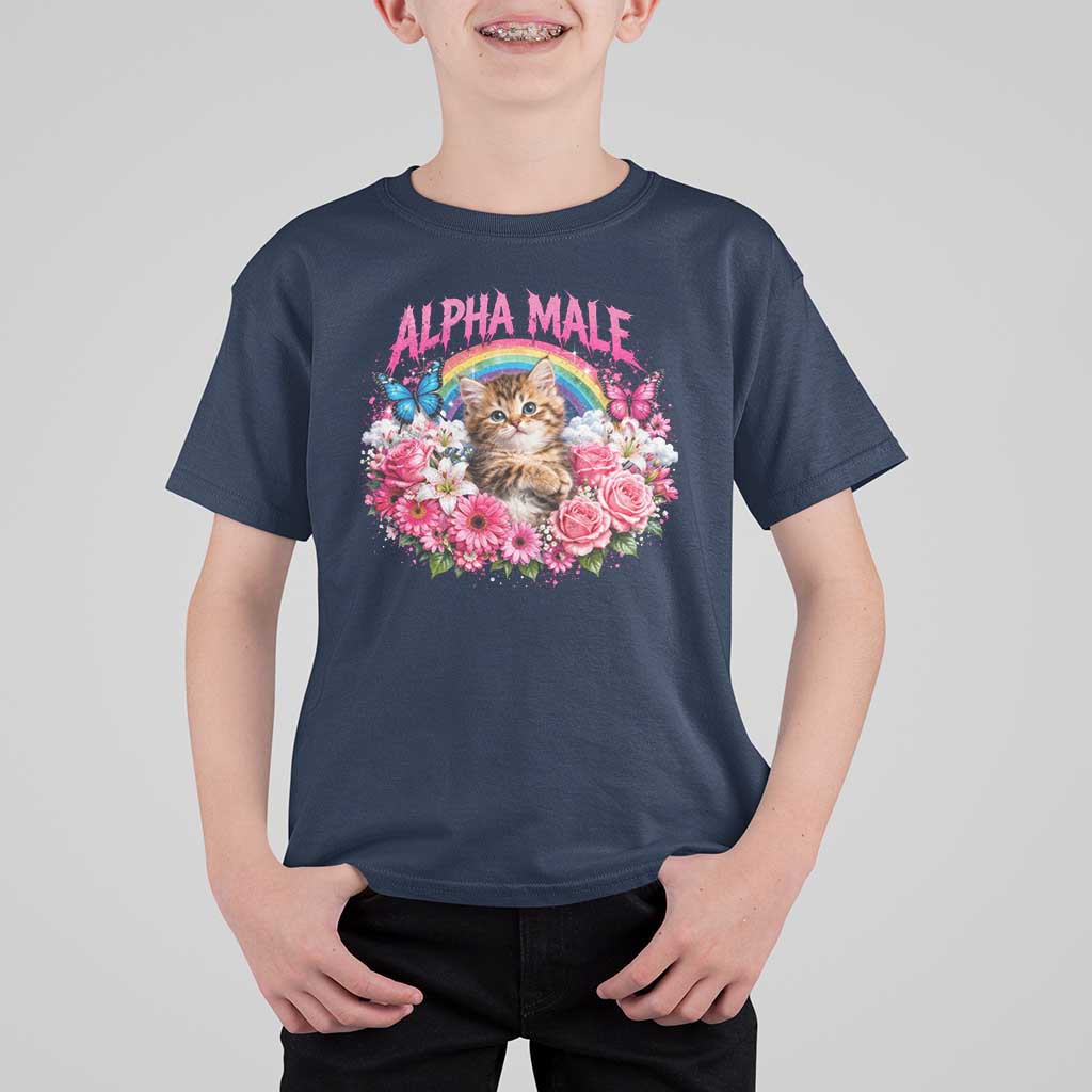 Alpha Male T Shirt For Kid Funny Cat Kitten Meme Rainbow Floral