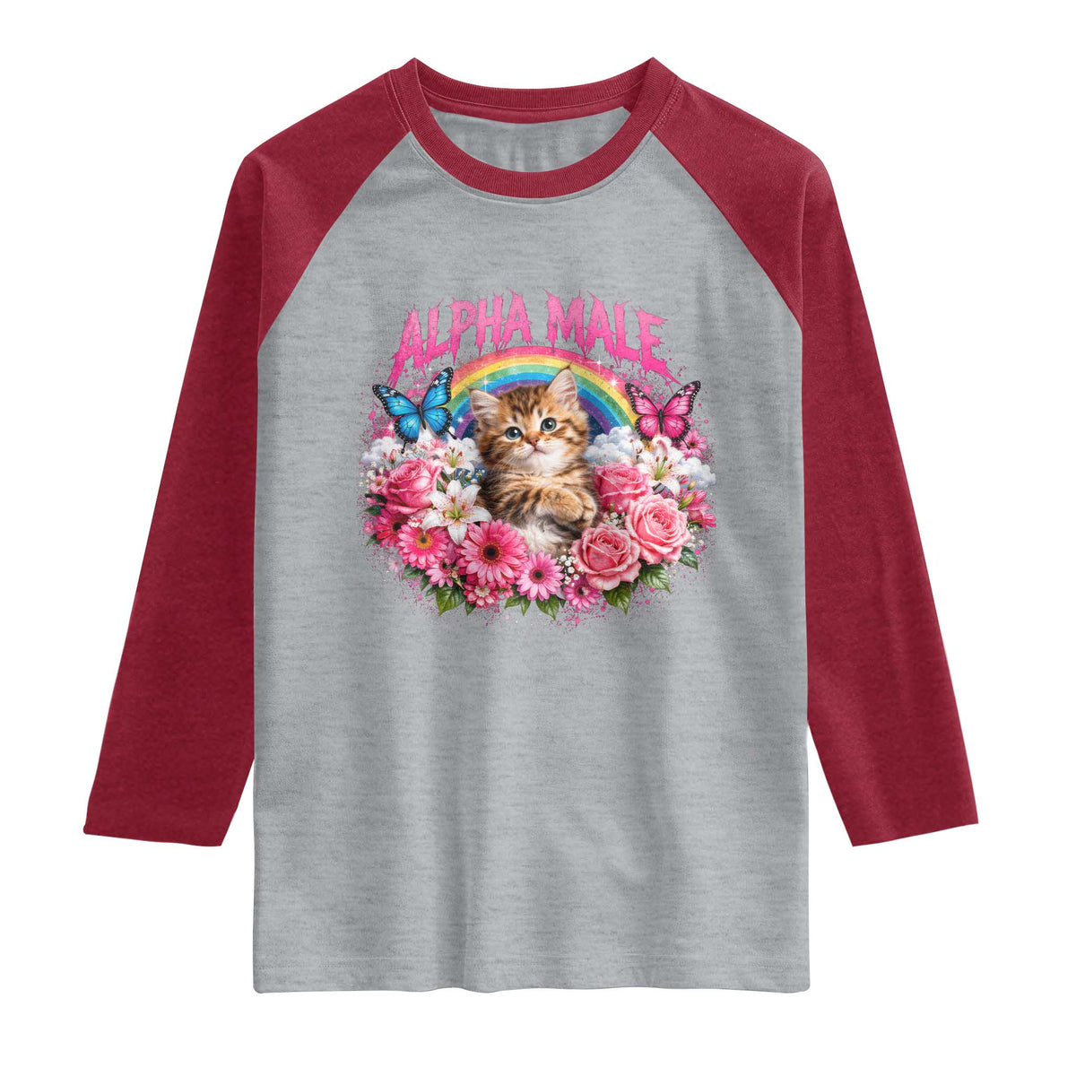 Alpha Male Raglan Shirt Funny Cat Kitten Meme Rainbow Floral