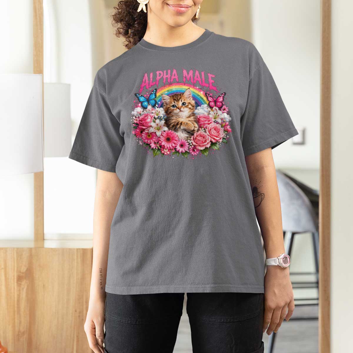 Alpha Male T Shirt For Women Funny Cat Kitten Meme Rainbow Floral