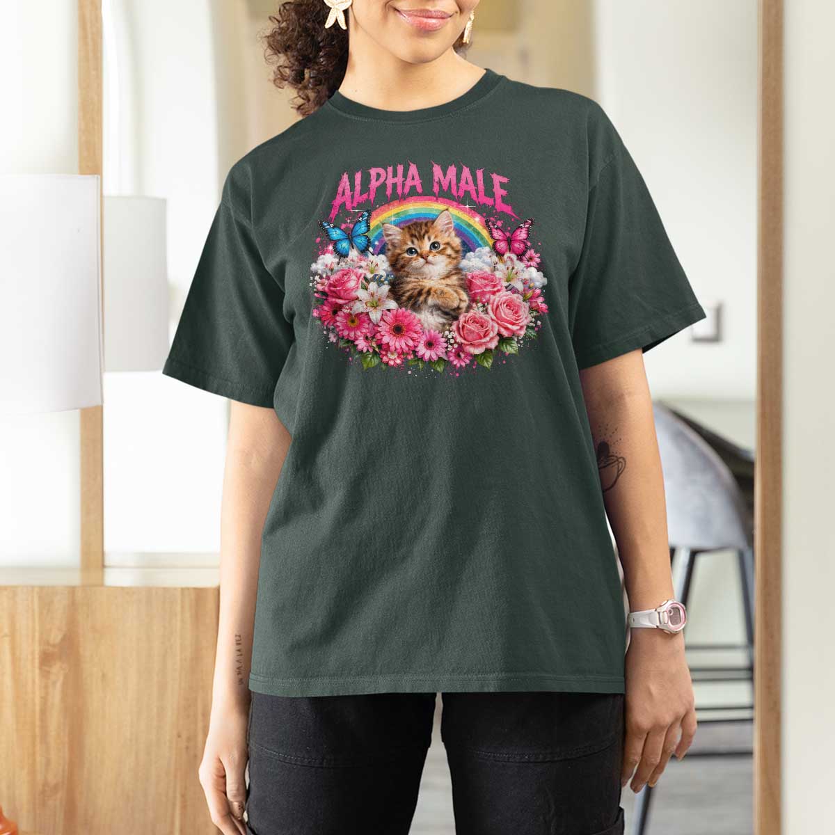 Alpha Male T Shirt For Women Funny Cat Kitten Meme Rainbow Floral