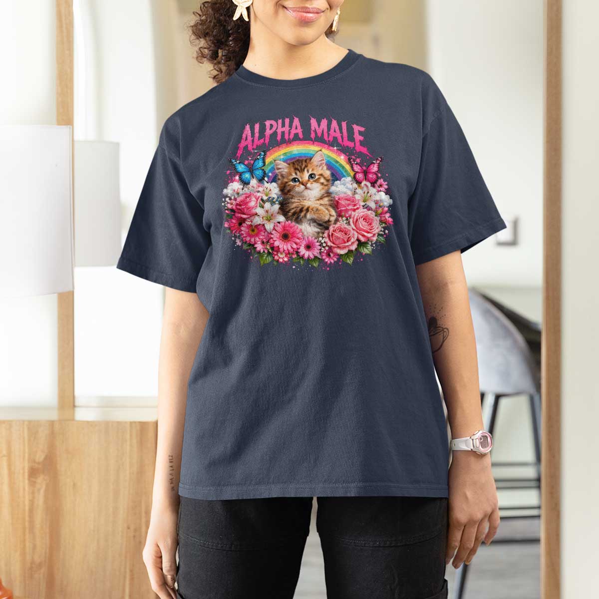 Alpha Male T Shirt For Women Funny Cat Kitten Meme Rainbow Floral