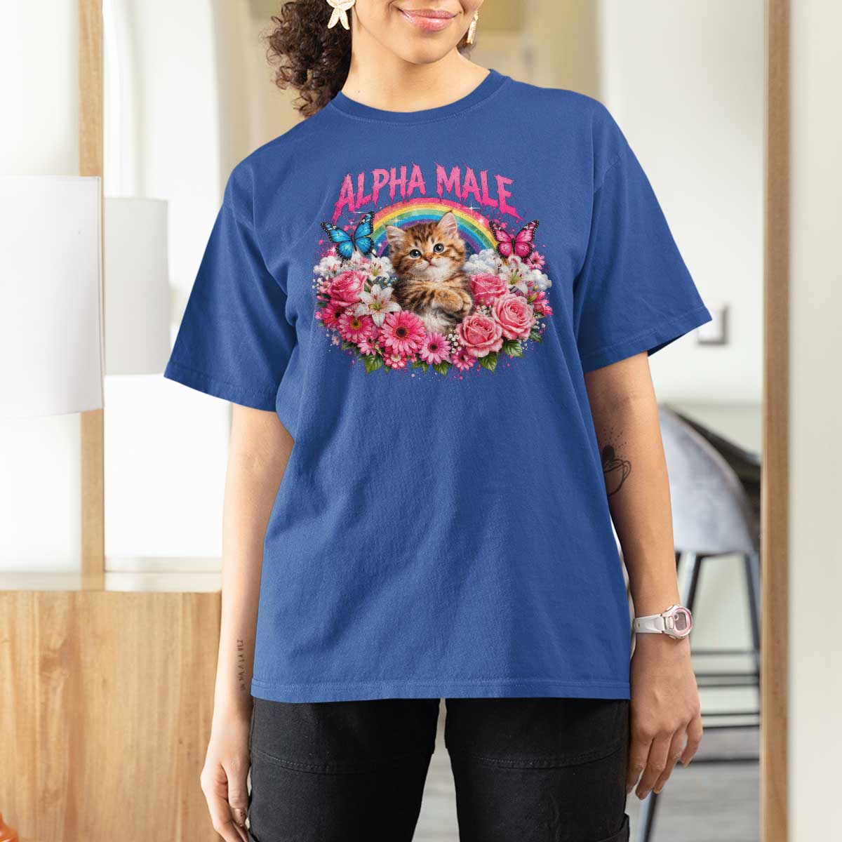 Alpha Male T Shirt For Women Funny Cat Kitten Meme Rainbow Floral