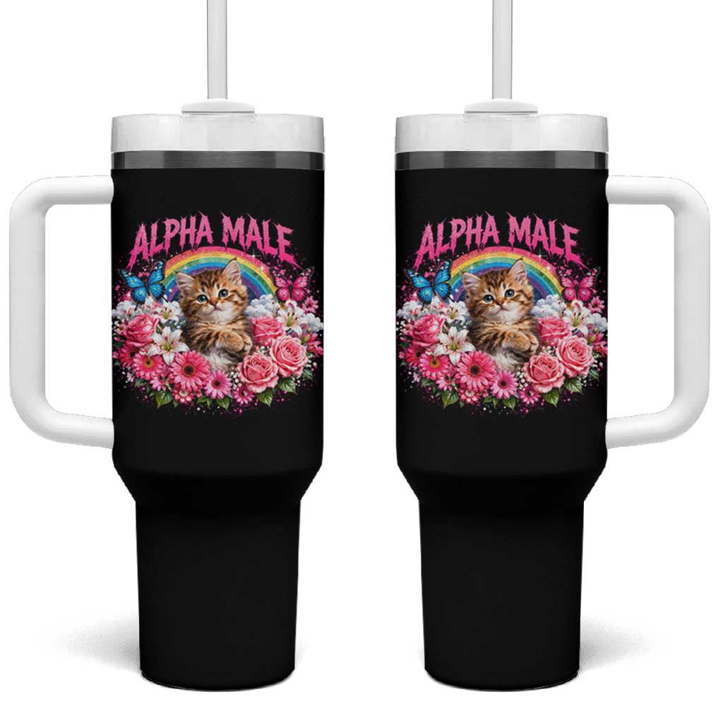 Alpha Male Tumbler With Handle Funny Cat Kitten Meme Rainbow Floral