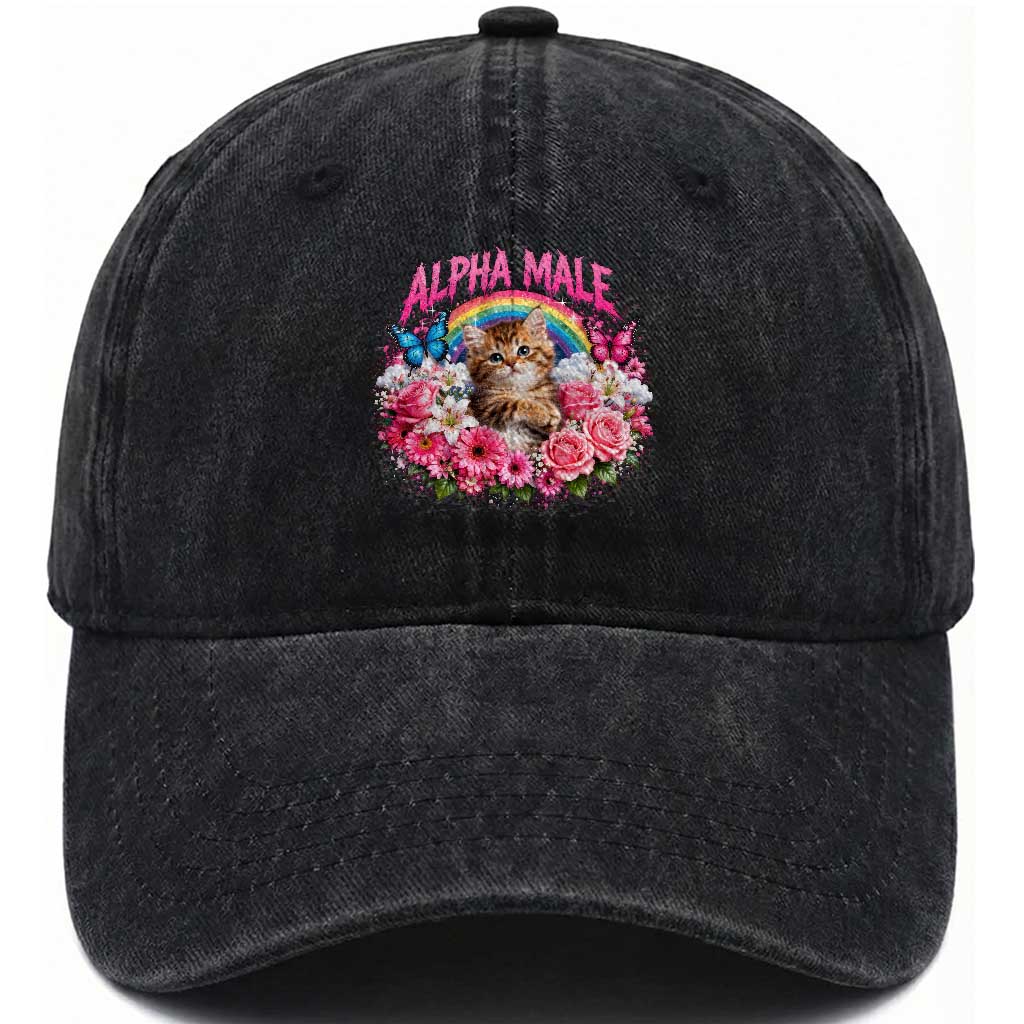 Alpha Male Washed Cotton Baseball Cap Funny Cat Kitten Meme Rainbow Floral