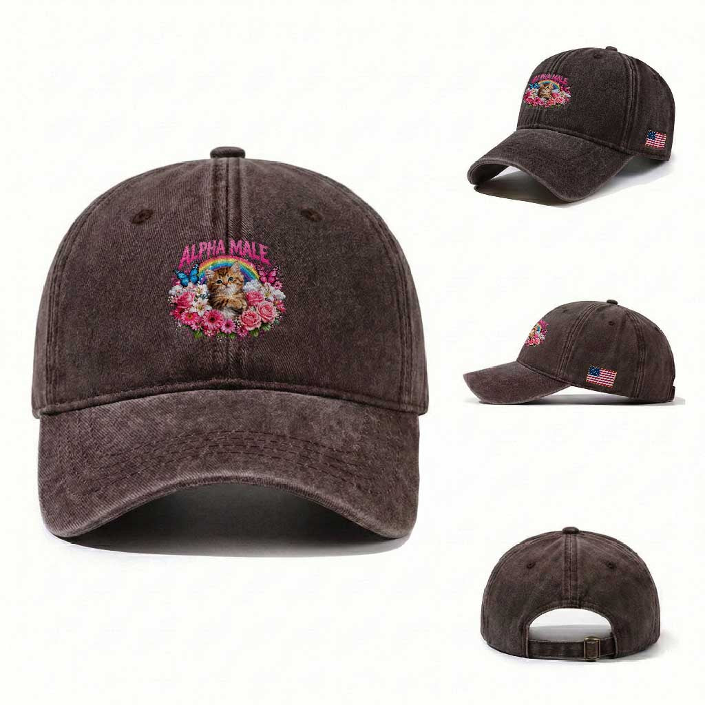Alpha Male Washed Cotton Baseball Cap Funny Cat Kitten Meme Rainbow Floral