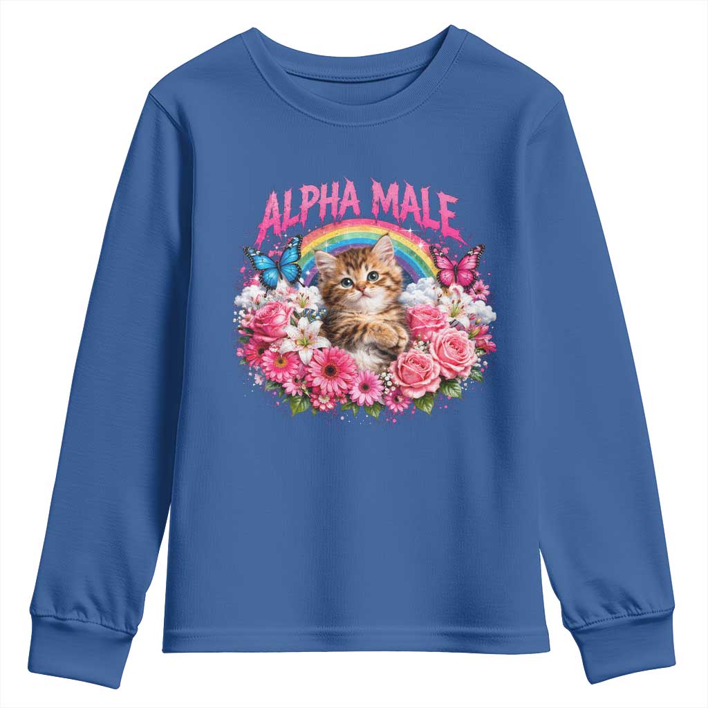 Alpha Male Youth Sweatshirt Funny Cat Kitten Meme Rainbow Floral