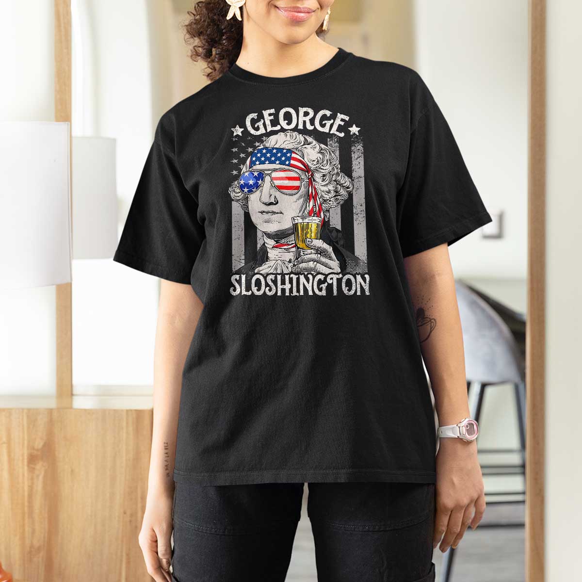 Funny 4th of July George Sloshington Washington T Shirt For Women Retro America Flag - Wonder Print Shop