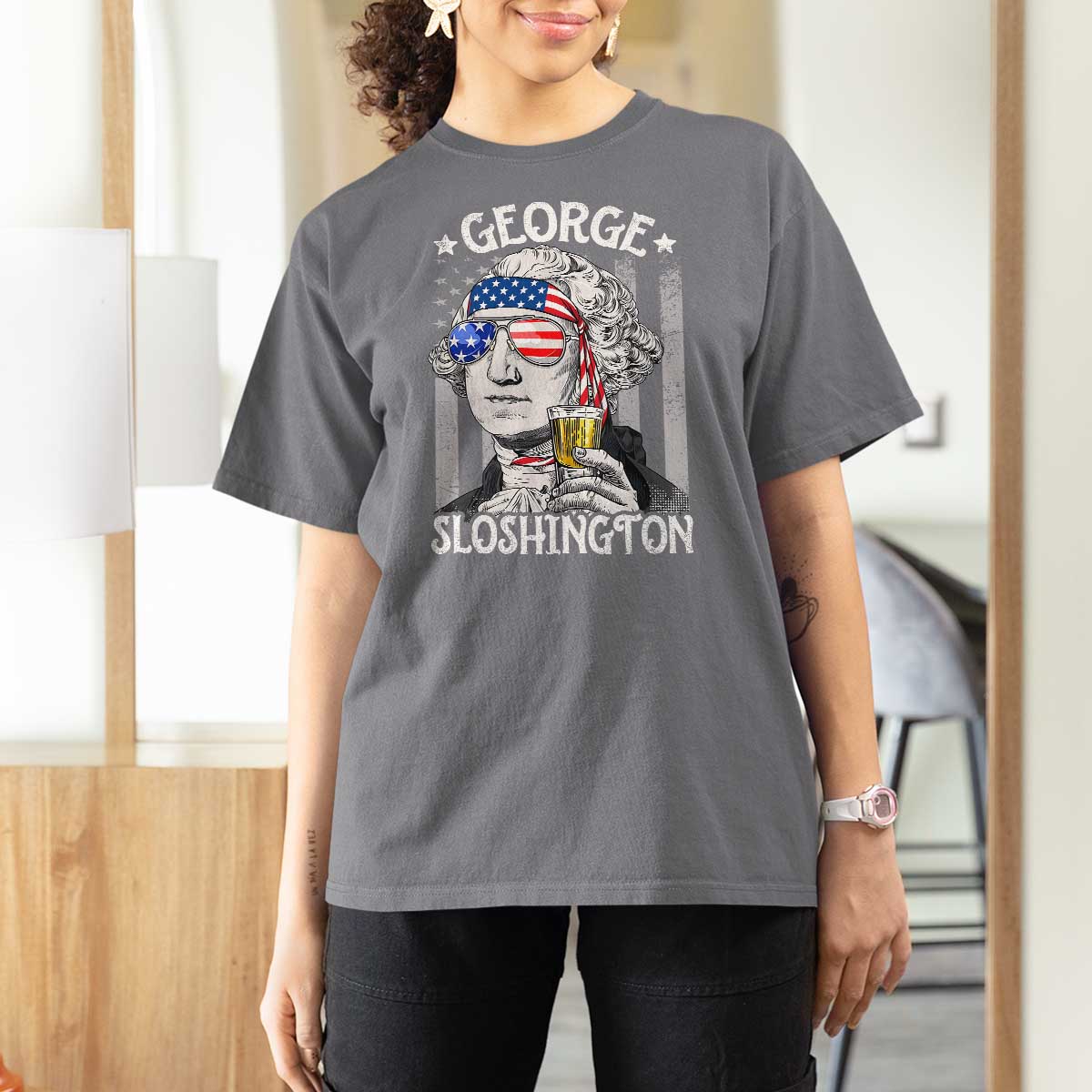 Funny 4th of July George Sloshington Washington T Shirt For Women Retro America Flag - Wonder Print Shop