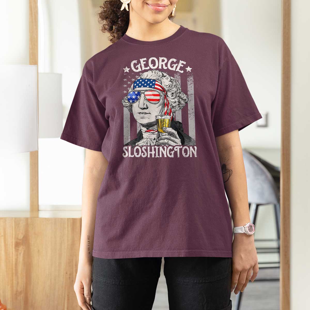 Funny 4th of July George Sloshington Washington T Shirt For Women Retro America Flag - Wonder Print Shop