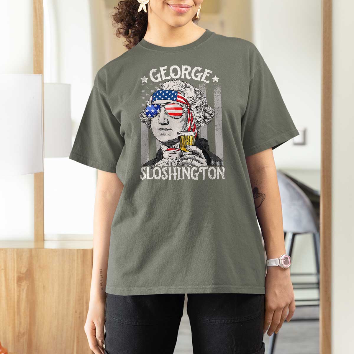 Funny 4th of July George Sloshington Washington T Shirt For Women Retro America Flag - Wonder Print Shop