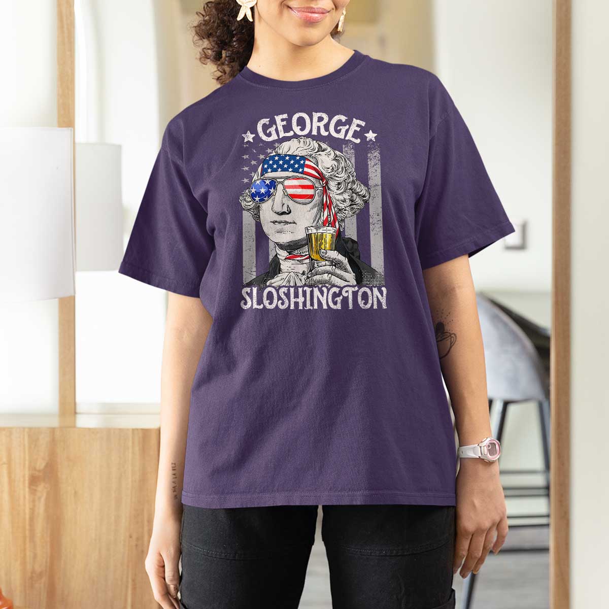Funny 4th of July George Sloshington Washington T Shirt For Women Retro America Flag - Wonder Print Shop