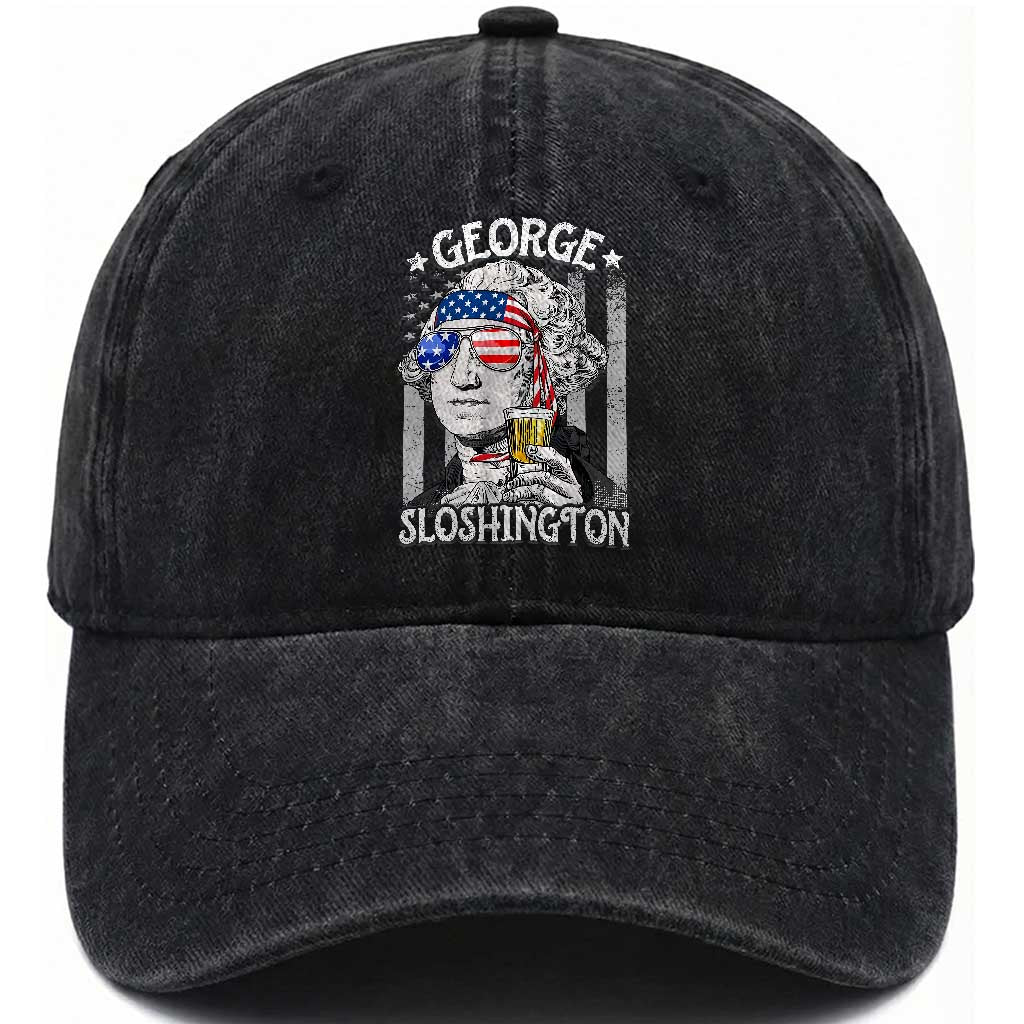 Funny 4th of July George Sloshington Washington Washed Cotton Baseball Cap Retro America Flag