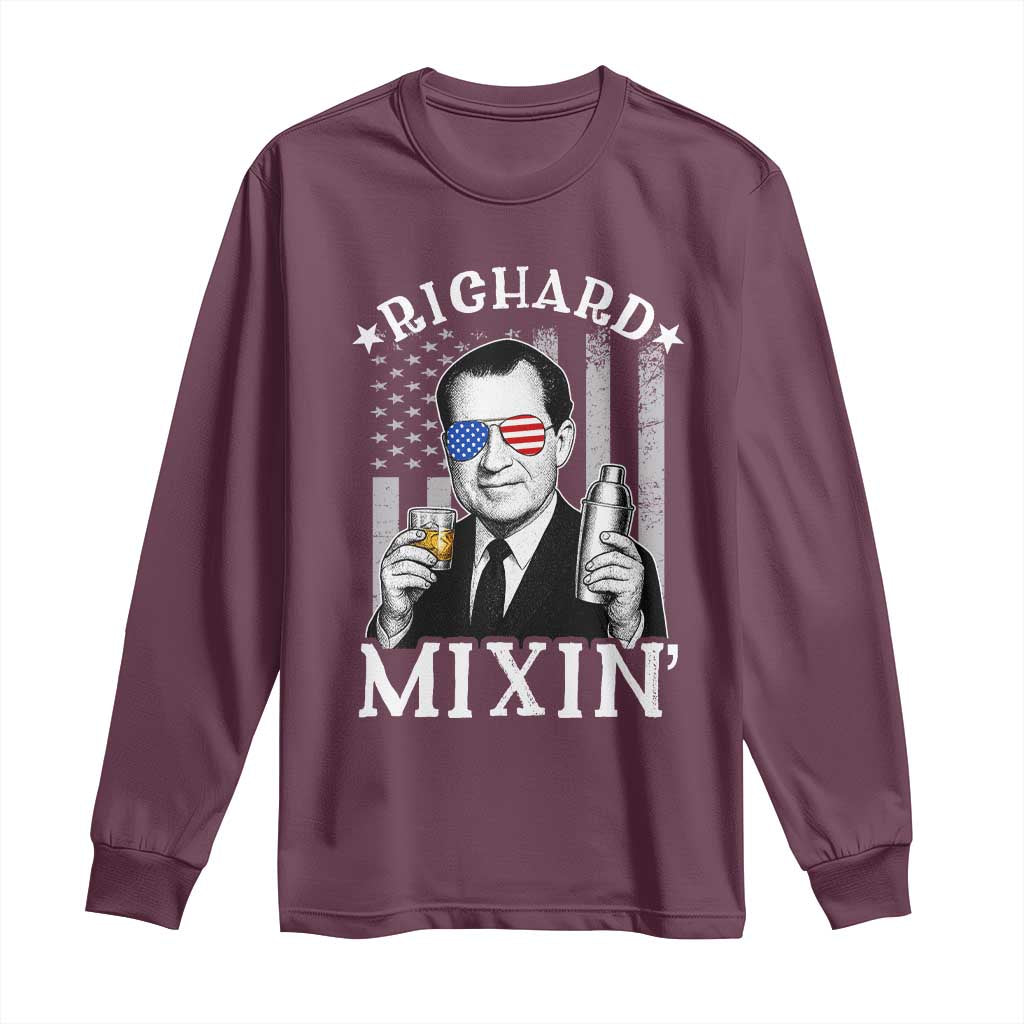 Funny 4th of July Long Sleeve Shirt Richard Mixin Patriotic Nixon Bartender American Flag - Wonder Print Shop