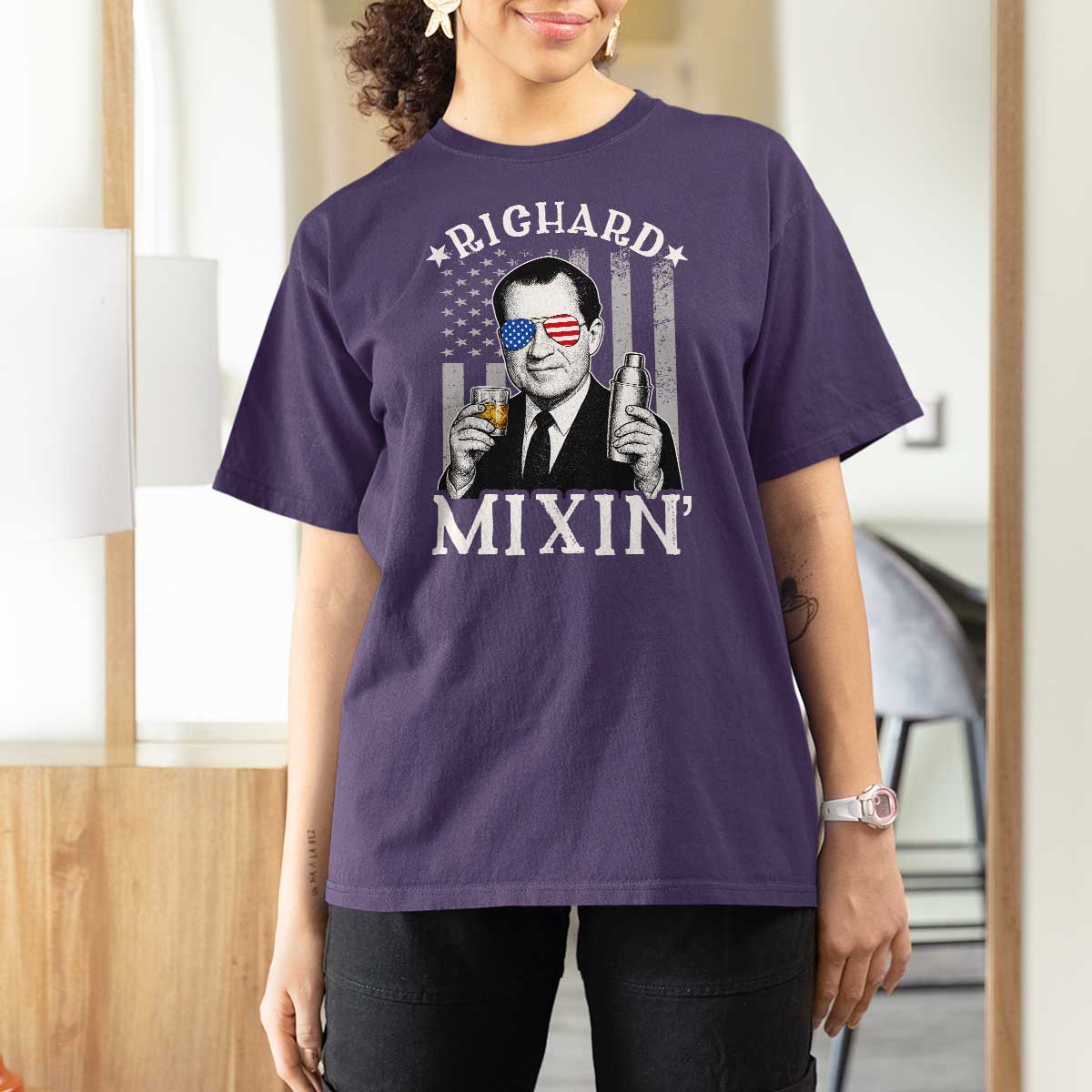 Funny 4th of July T Shirt For Women Richard Mixin Patriotic Nixon Bartender American Flag - Wonder Print Shop