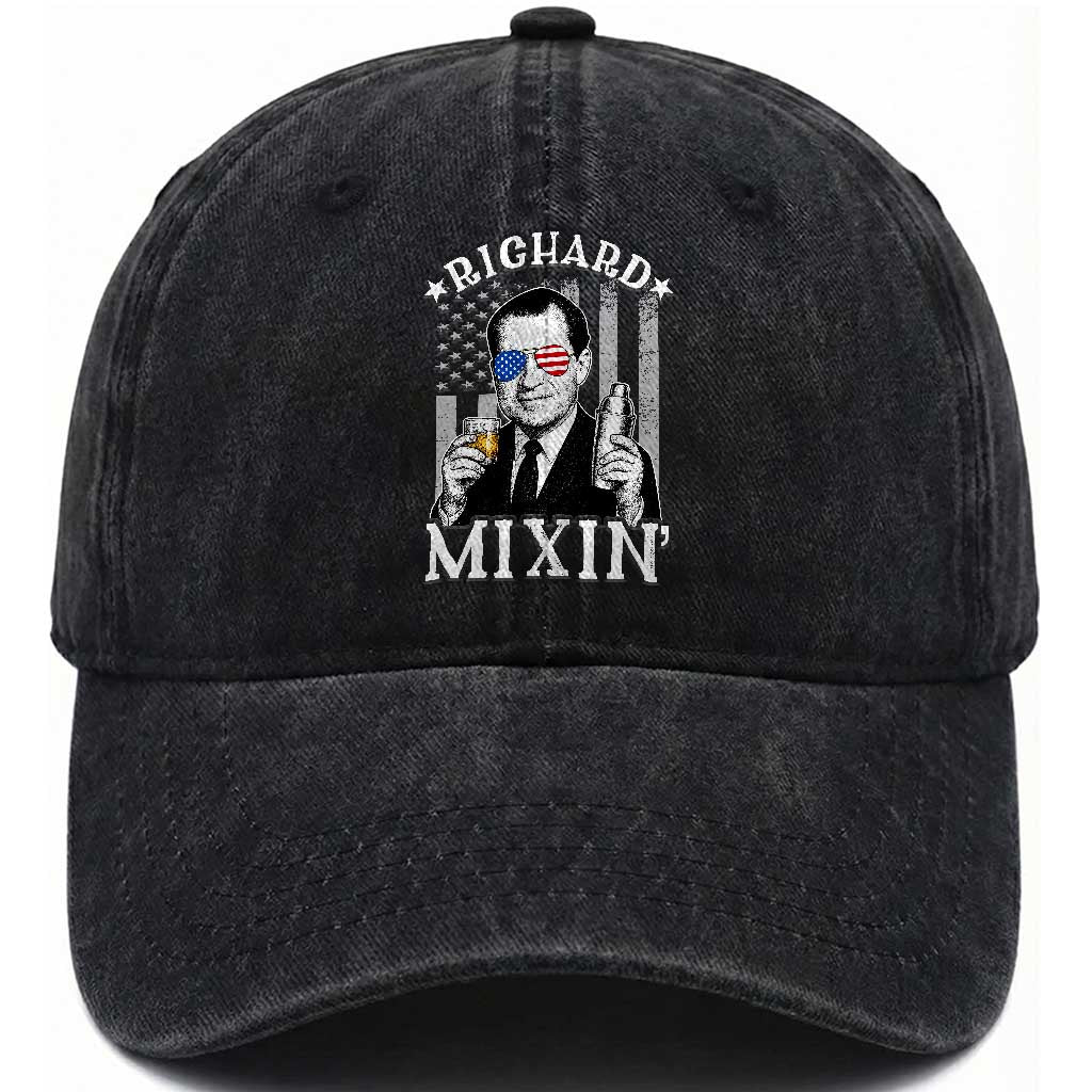 Funny 4th of July Washed Cotton Baseball Cap Richard Mixin Patriotic Nixon Bartender American Flag