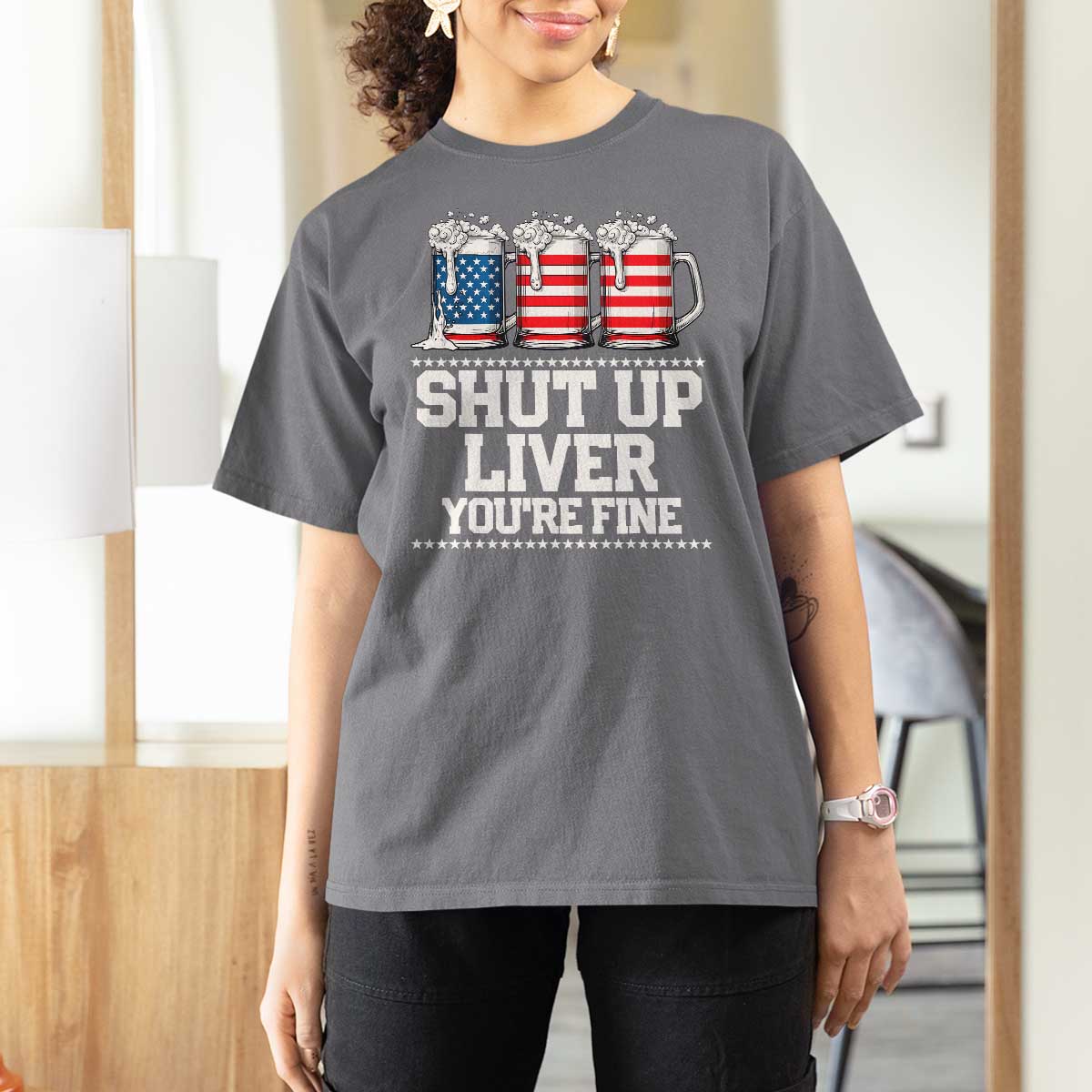 Beer American Flag 4th of July T Shirt For Women Merica Drinking USA Shut Up Liver You Are Fine - Wonder Print Shop
