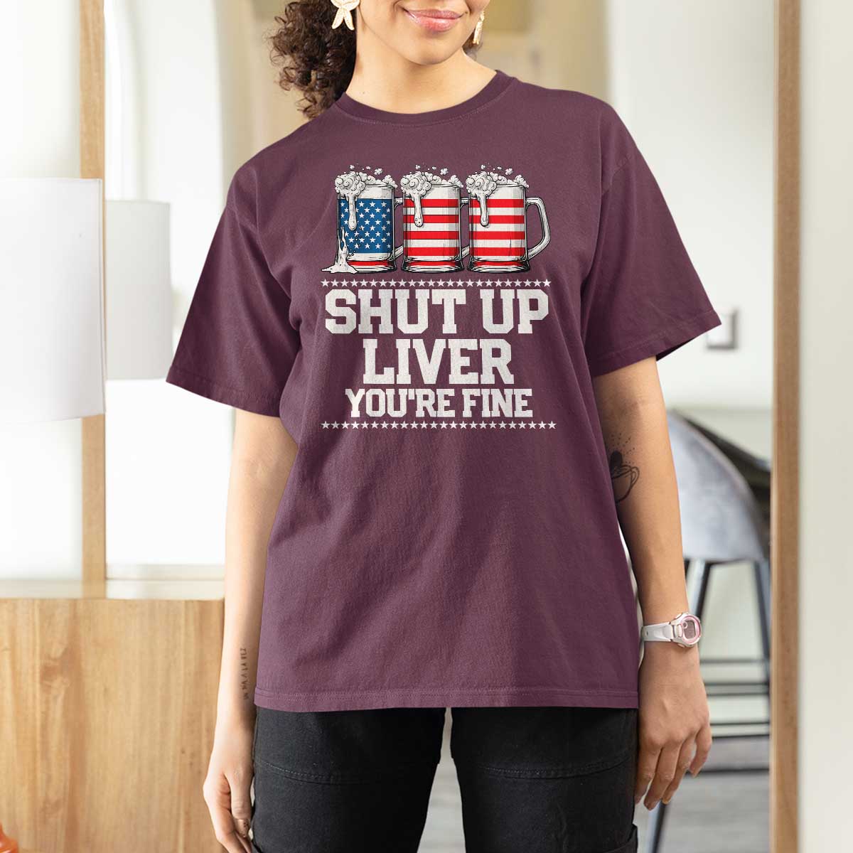 Beer American Flag 4th of July T Shirt For Women Merica Drinking USA Shut Up Liver You Are Fine - Wonder Print Shop