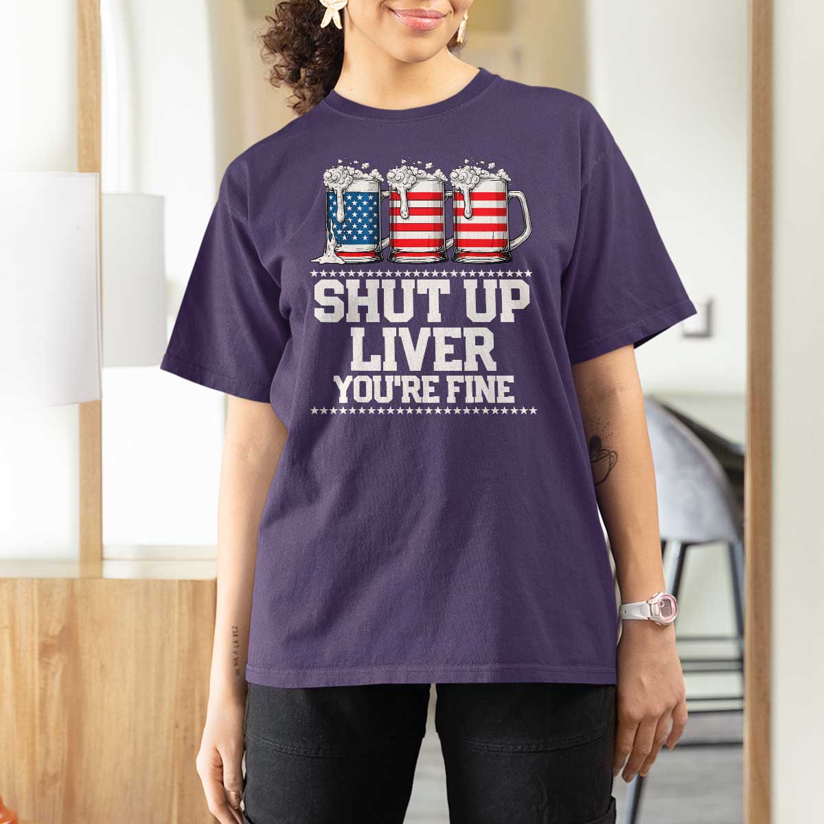 Beer American Flag 4th of July T Shirt For Women Merica Drinking USA Shut Up Liver You Are Fine - Wonder Print Shop