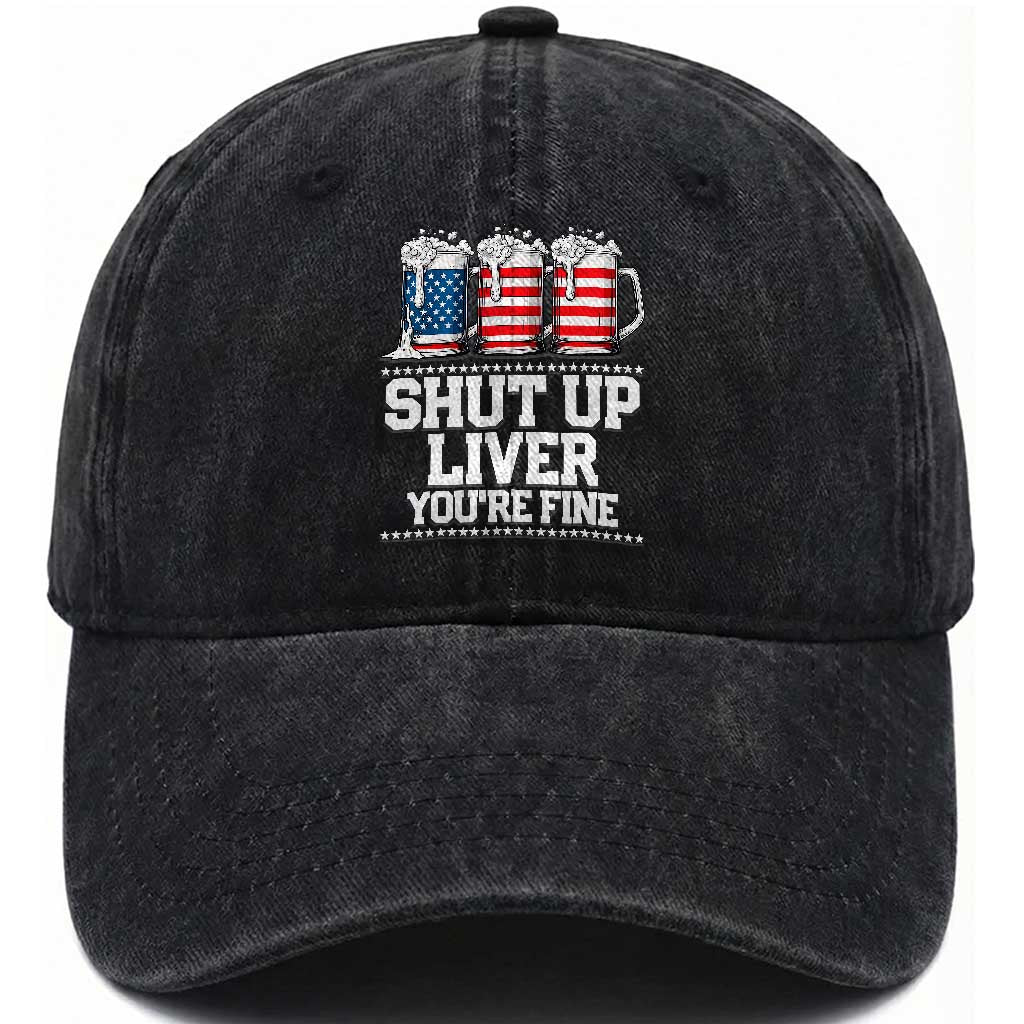 Beer American Flag 4th of July Washed Cotton Baseball Cap Merica Drinking USA Shut Up Liver You Are Fine