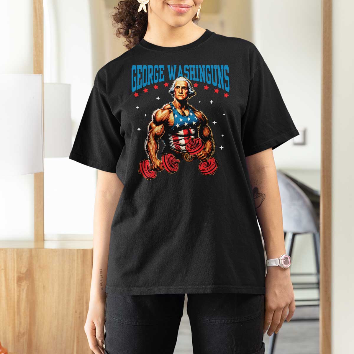 Funny George Washington Gym T Shirt For Women Muscular Flex Workout 4th of July - Wonder Print Shop