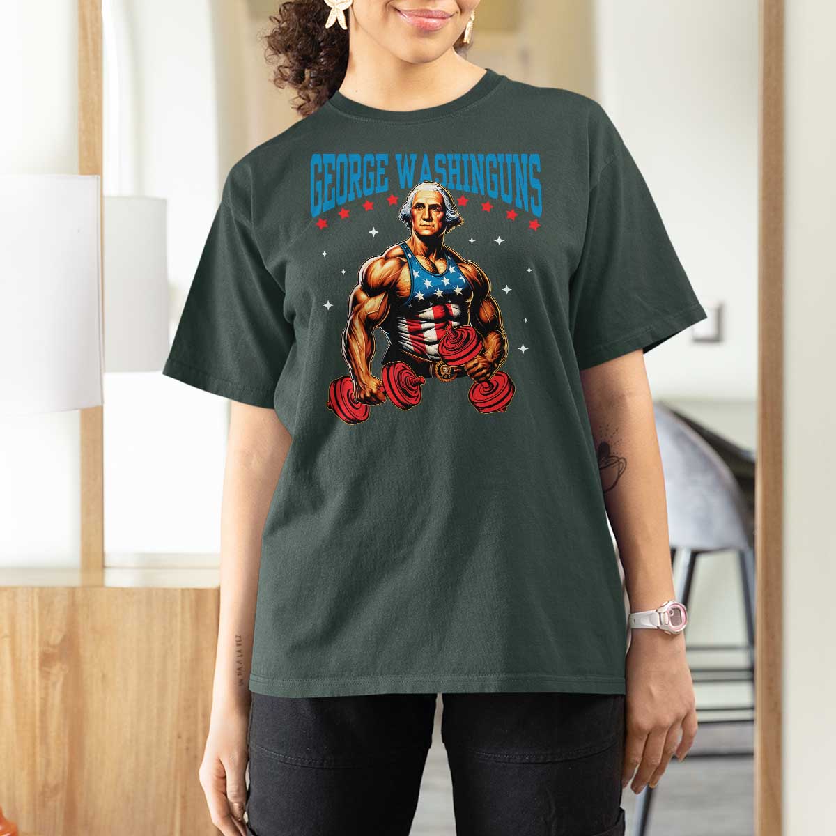 Funny George Washington Gym T Shirt For Women Muscular Flex Workout 4th of July - Wonder Print Shop