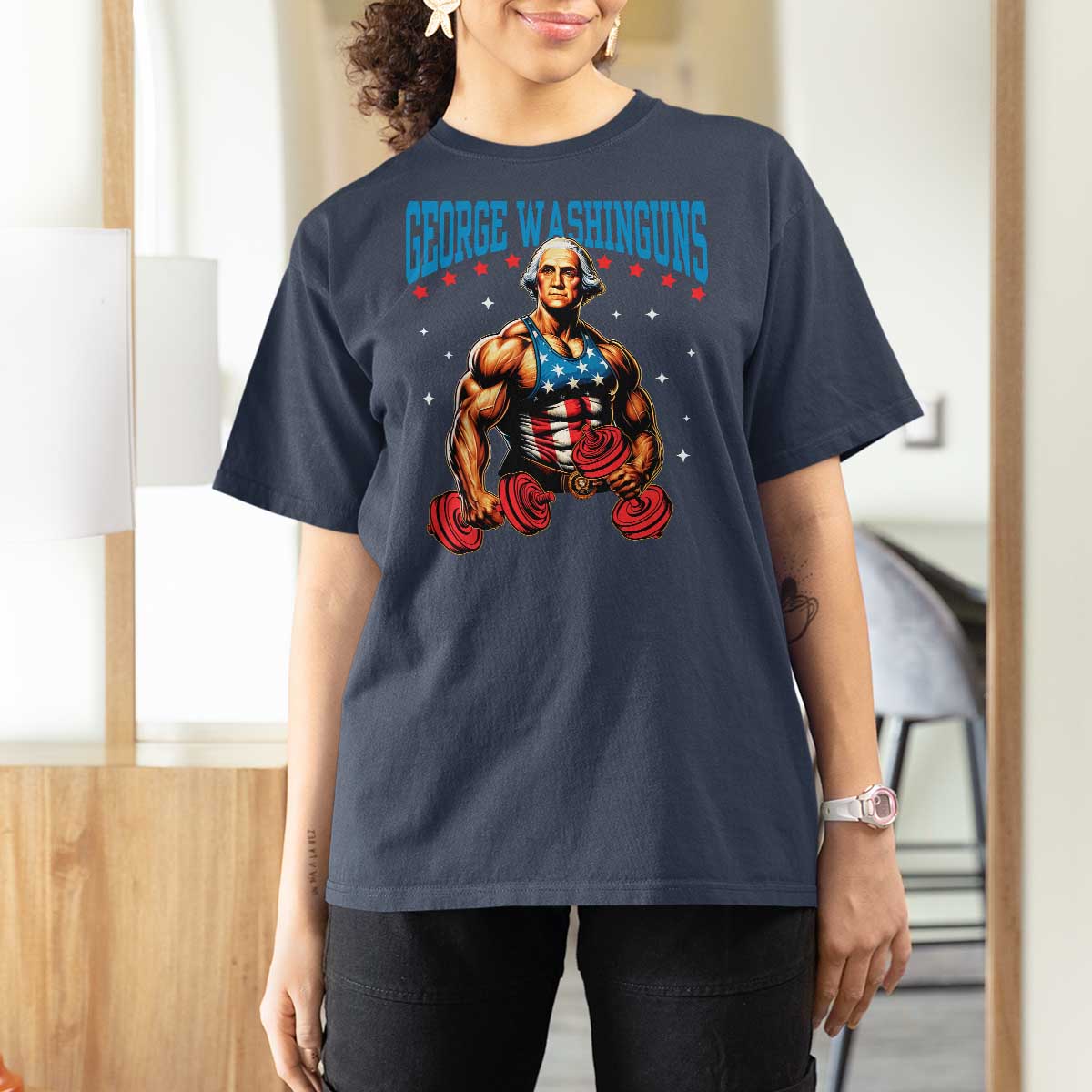 Funny George Washington Gym T Shirt For Women Muscular Flex Workout 4th of July - Wonder Print Shop