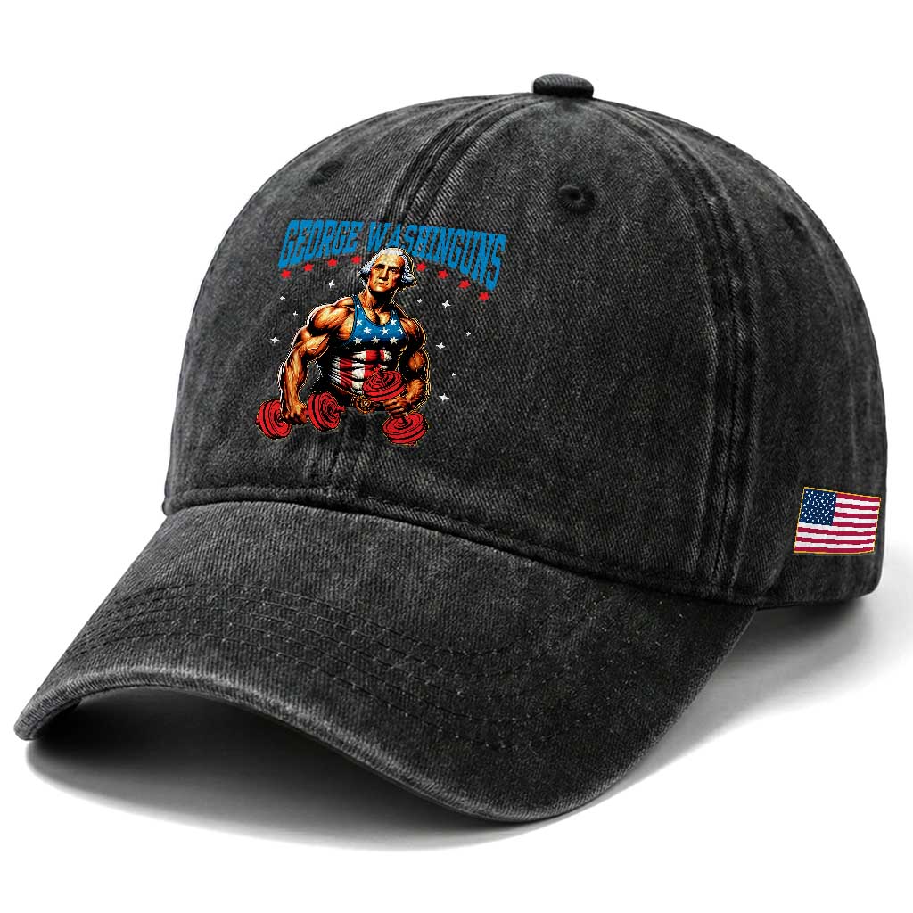 Funny George Washington Gym Washed Cotton Baseball Cap Muscular Flex Workout 4th of July